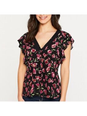 Daniel Rainn Floral Crochet V Neck Blouse Flutter Sleeve XS